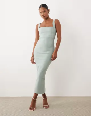 Vesper Petite bengaline square neck scoop back midaxi dress in sage
