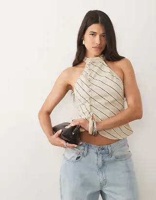 Motel Iggya asymmetric button up high neck top in beige stripes