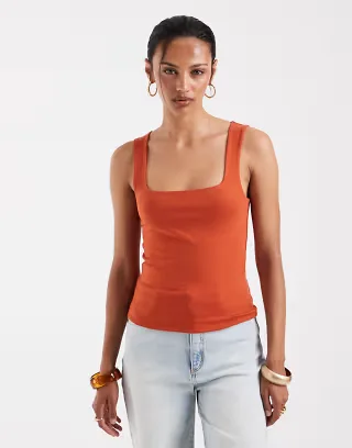 ASOS DESIGN double layer square neck tank top in rust