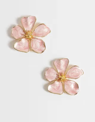 Accessorize pink enamel statement flower stud earrings in gold