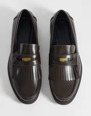 ASOS DESIGN penny loafers with fringe and coin detail in brown