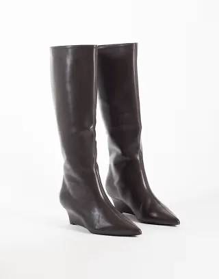 SEQWL Wide Fit refined wedge knee boots in chocolate brown