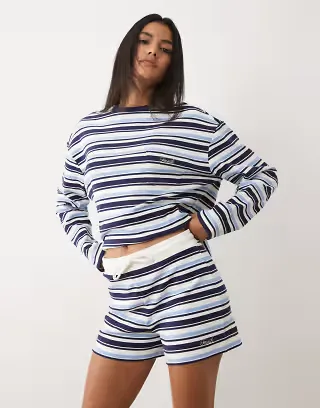4th & Reckless cotton rich elastic waistband shorts in navy stripes - part of a set
