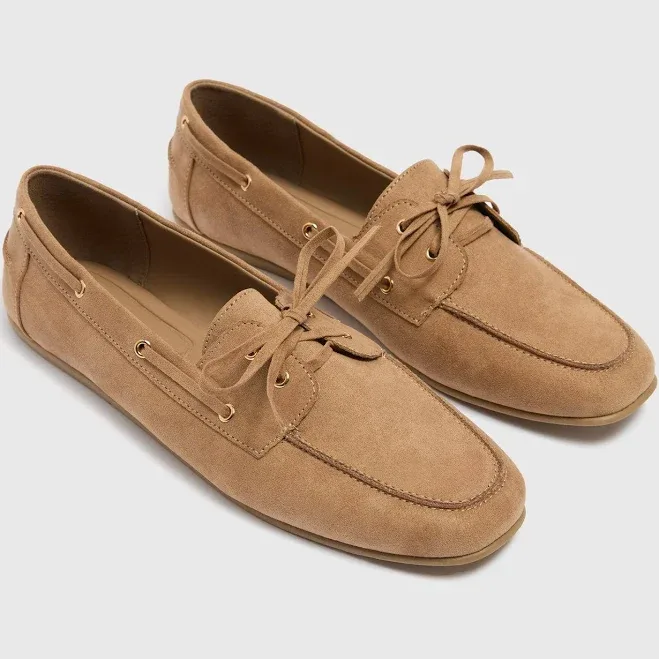 Faux Suede Boat Loafers - Sand - Papaya