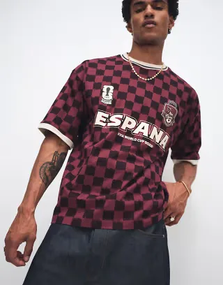 ASOS DESIGN oversized tee with FIFA World cup Spain print in burgundy