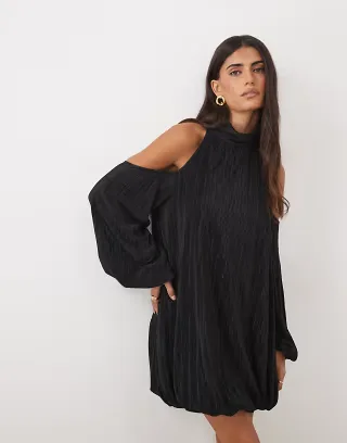 ASOS DESIGN plisse cut out sleeve bubble dress in black
