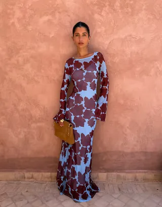 Never Fully Dressed mesh long sleeved crew neck maxi dress in poppy print