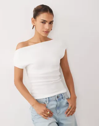 ASOS DESIGN slub yarn twist asym detail top in cream