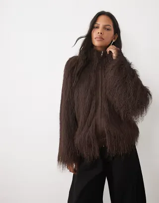 ASOS DESIGN fluffy bomber jacket in chocolate