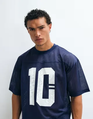 ASOS DESIGN boxy oversized t-shirt with 10 graphic in navy athletic mesh