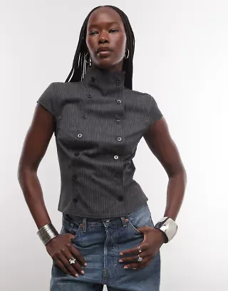 Weekday high neck cap sleeve top with buttons in off-black pinstripe