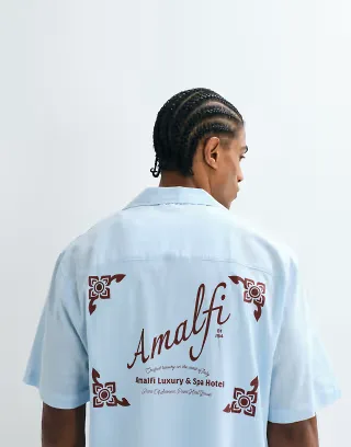 ASOS DESIGN boxy oversized amalfi back print shirt in blue