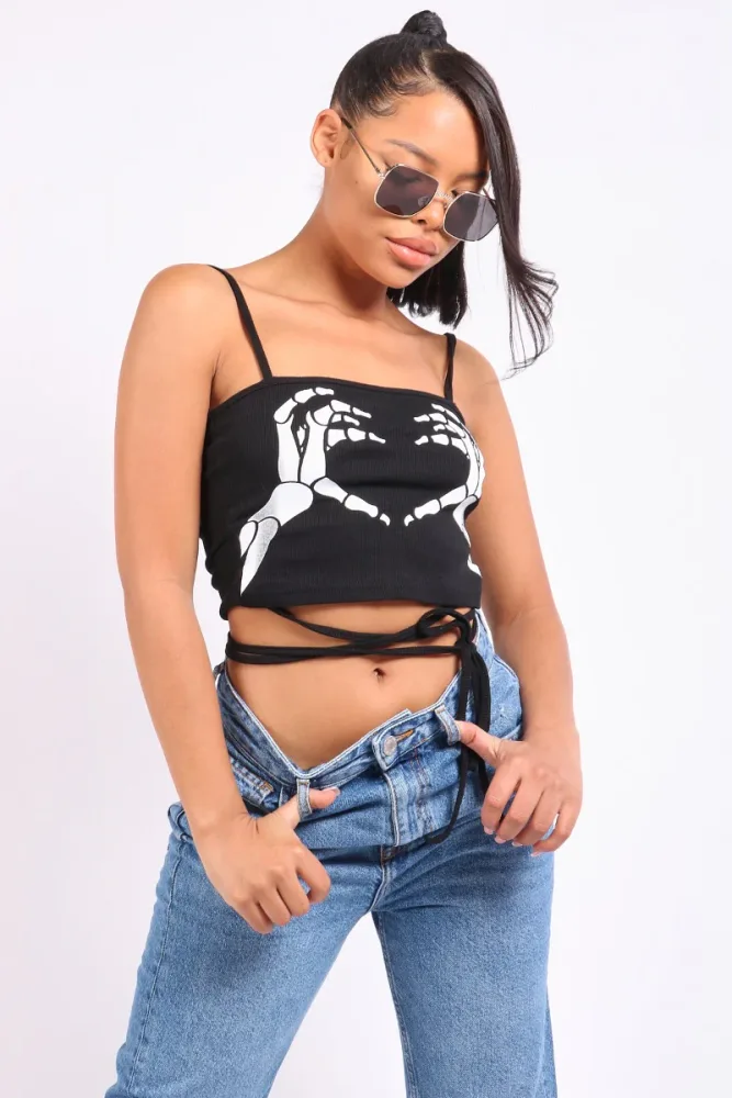 BONE HAND DETAIL TIE BACK CROP TOP