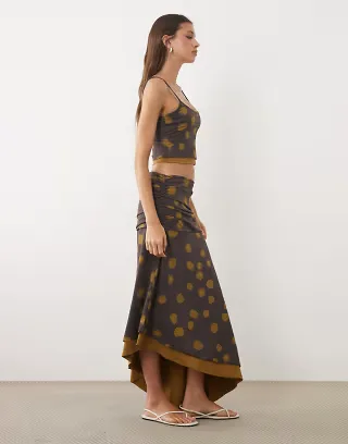ASOS DESIGN asymmetrical midi skirt in brown polka dot print - part of a set