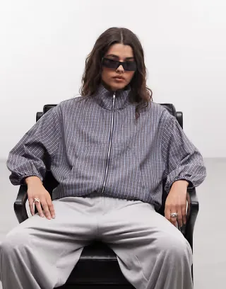 COLLUSION oversized track top in navy & white plaid