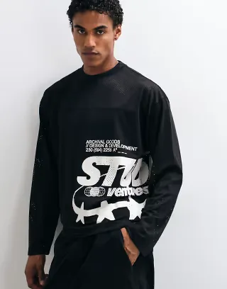 ASOS DESIGN boxy oversized long sleeve t-shirt with graphic in black mesh