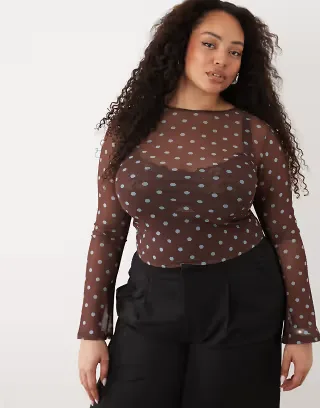 ASOS DESIGN Curve sheer mesh flared long sleeve top in brown polka dot
