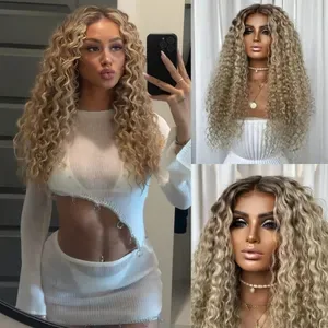 Ombre Blonde Full Lace Front Wig - Transparent HD Lace, Long Curly Wave Synthetic Hair, 250% Density, High Temperature F