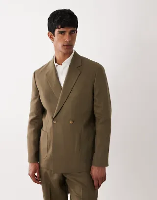 ASOS DESIGN Premium 100% linen regular suit jacket in olive green