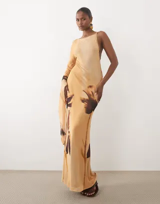 ASOS DESIGN draped scarf sleeve mesh maxi dress in brown floral
