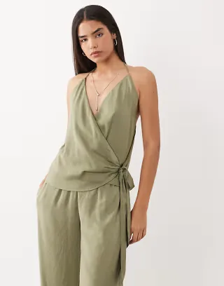 SNDYS satin wrap tie detail top in olive - part of a set