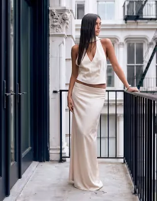 Lioness Front Row column satin maxi skirt in cream - part of a set