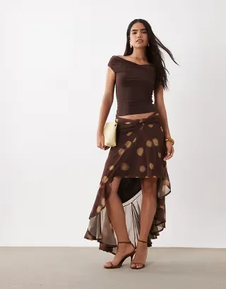 ASOS DESIGN asymmetric wrap around printed sarong skirt in brown polka dots