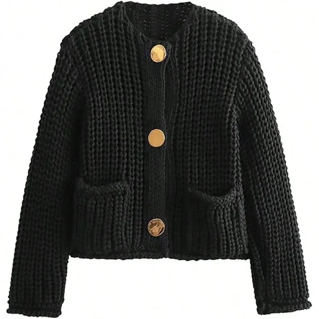 Women's Cropped Long Button Down Chunky Knit Cardigan Sweater