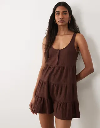 Miss Selfridge tiered jersey romper in chocolate