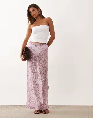 ASOS DESIGN sheer sequin lace mix maxi skirt in lilac