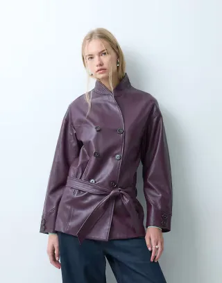 Laagam quinn long jacket with belt in plum