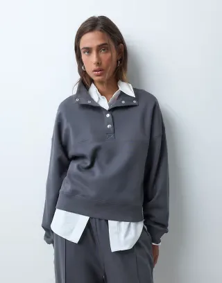 ASOS DESIGN henley neck interlock sweatshirt in charcoal gray