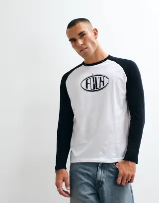 French Connection FCUK logo long raglan sleeve t-shirt in white & navy