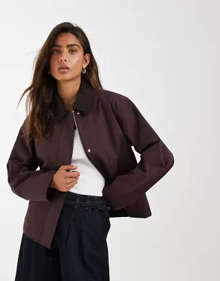 JJXX workwear barn jacket with cord collar in deep burgundy
