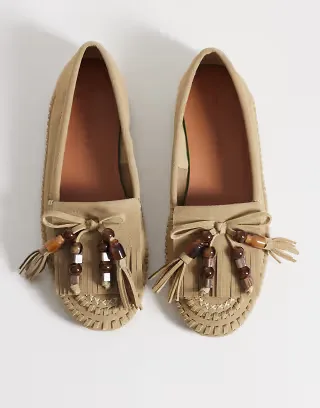 ASOS DESIGN Moxen loafers with beaded tassels in sand suedette