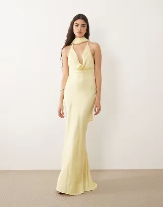 ASOS DESIGN satin cowl neck scarf maxi dress in buttermilk