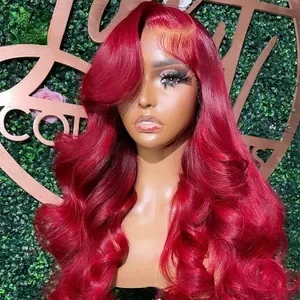 30 Inch Burgundy Red Body Wave Lace Front Wig, 13x4 French Lace, 180% Density, Half Machine Made Half Hand Tied, Medium