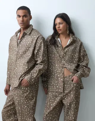 Sister Jane Unisex Jasper cotton denim long sleeve button down overshirt set in deer print