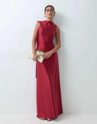 Rare London stretch satin drape detail maxi dress in burgundy
