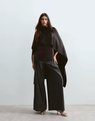 ARRANGE satin underlay cape top in black