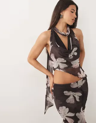 ASOS DESIGN printed mesh cowl drape top in brown floral - part of a set