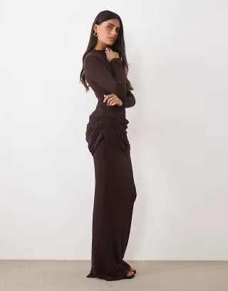 Wanderdoll Ashtin sculpted drape detail maxi skirt set in espresso