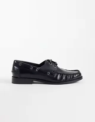 ASOS DESIGN lace-up boat shoes with ruching in black polido