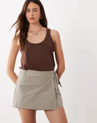 Mango tie waist mini skort in beige with brown plaid print