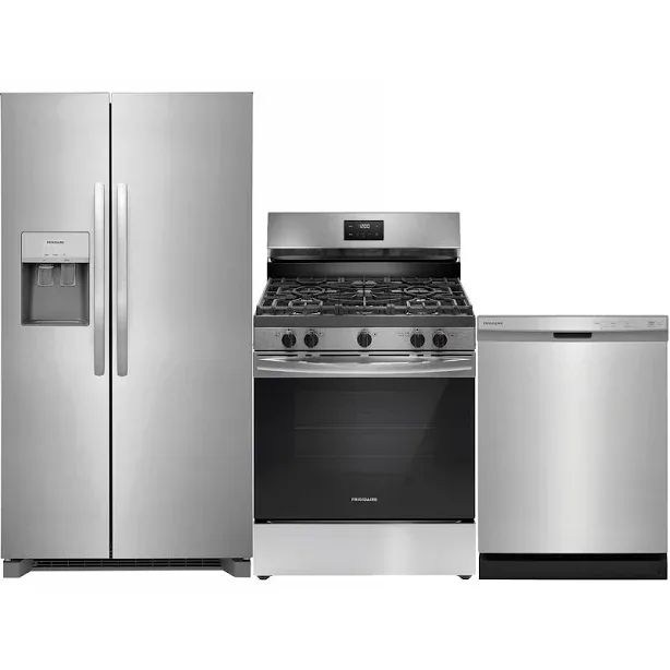 Frigidaire 3 Piece Kitchen Package with Standard Depth Side-by-Side Refrigerator, 30" Freestanding Gas Range with Quick