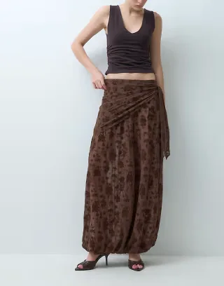 ASOS DESIGN glitter flocked mesh balloon wrap around trouser in brown
