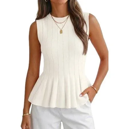 Imily Bela Women's Ribbed Knit Pleated Peplum Tank Blouse