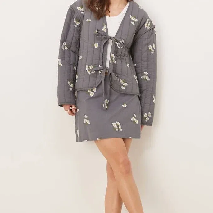 ASOS DESIGN embroidered mini skirt in washed gray