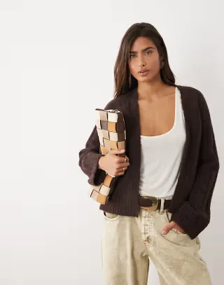 ASOS DESIGN edge to edge wide rib cardigan in chocolate
