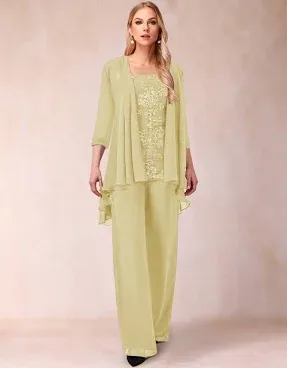 Lavetir Chiffon Scoop 3/4 Sleeves 3 Pieces Pantsuits with Applique & Jacket 2026